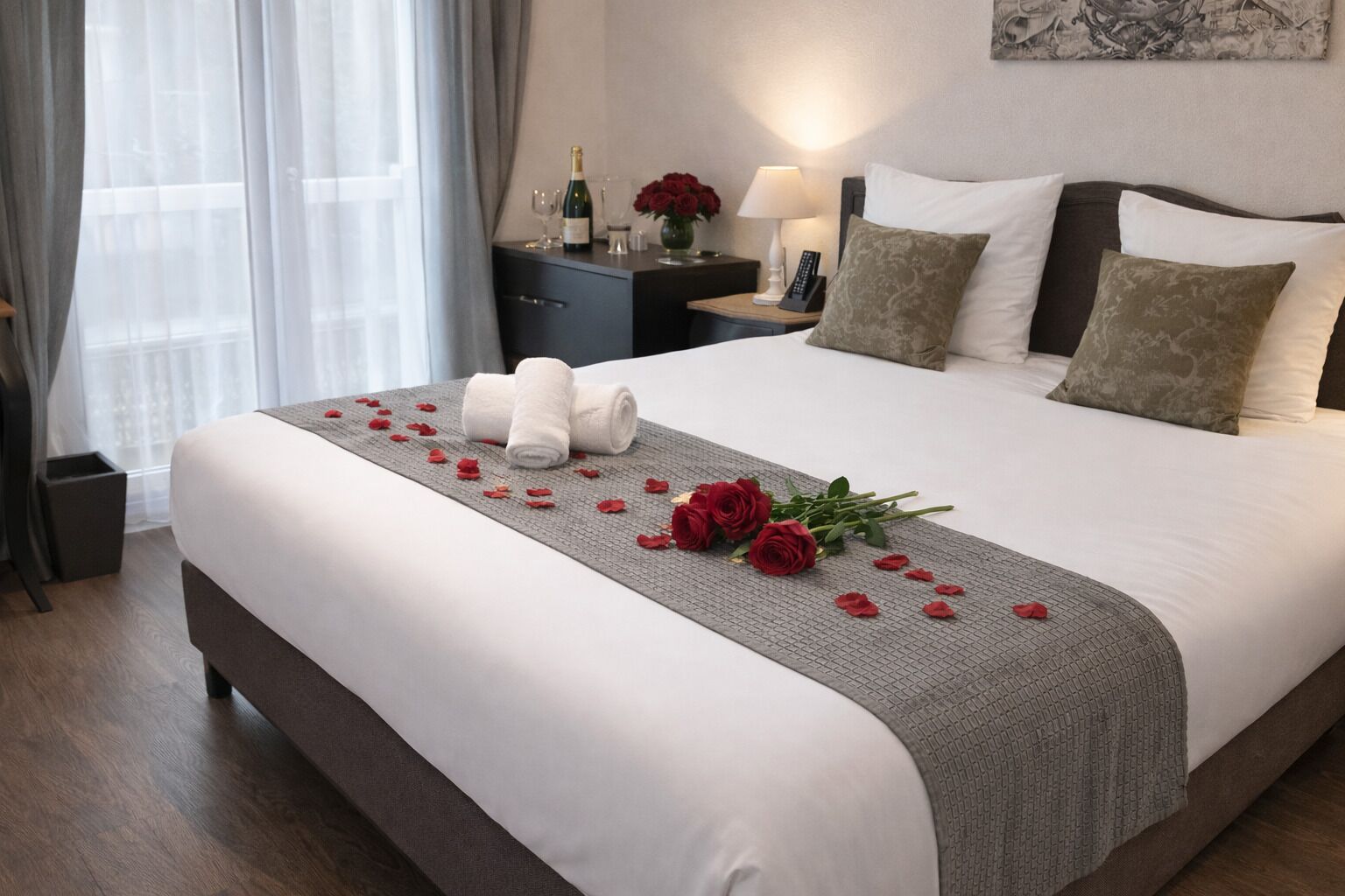 Una cama bien hecha con un edredón gris texturizado, pétalos de rosa roja y un ramo de rosas rojas.