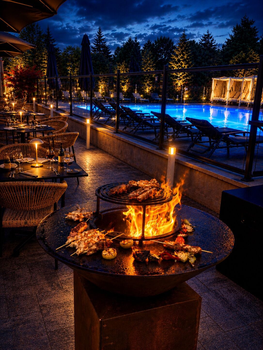 An outdoor dining area with tables and chairs, a pool, and a fire pit with food.