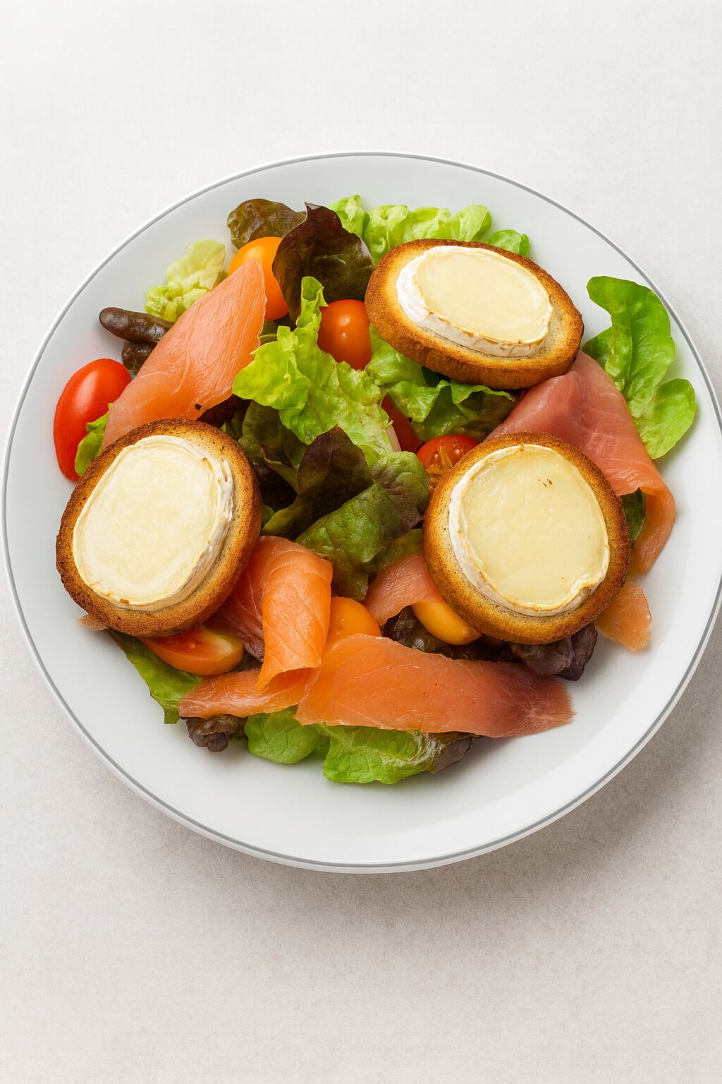 A plate of salad with lettuce, tomatoes, and slices of smoked salmon on a white plate.