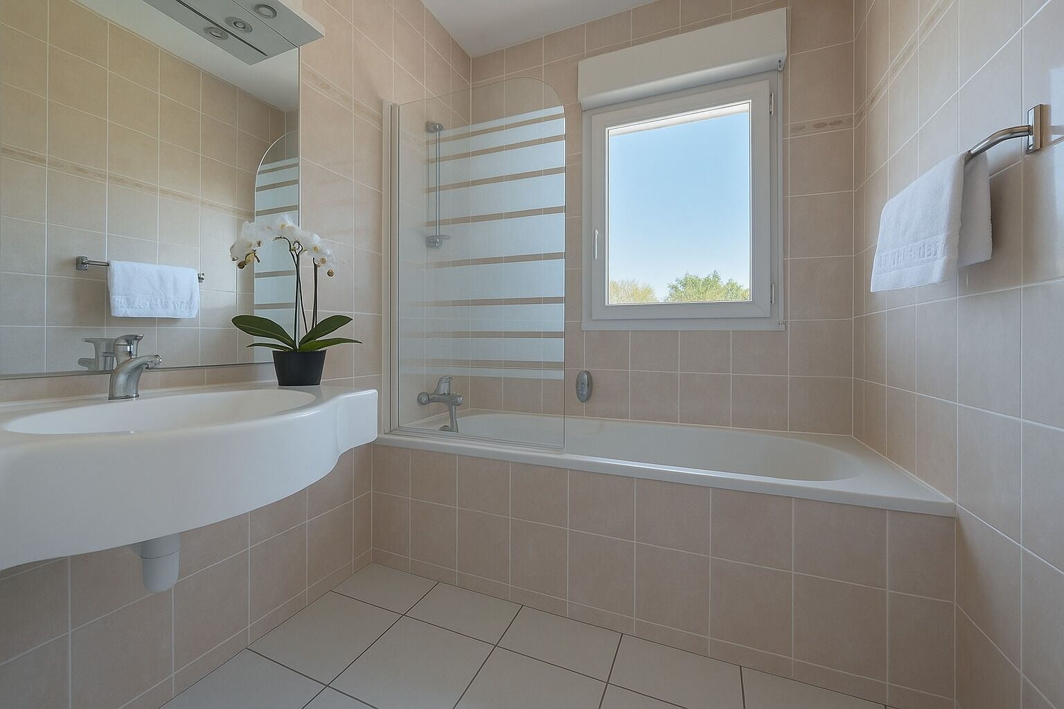 Une salle de bain moderne avec un lavabo, un miroir, une plante en pot, une douche et une fenêtre.