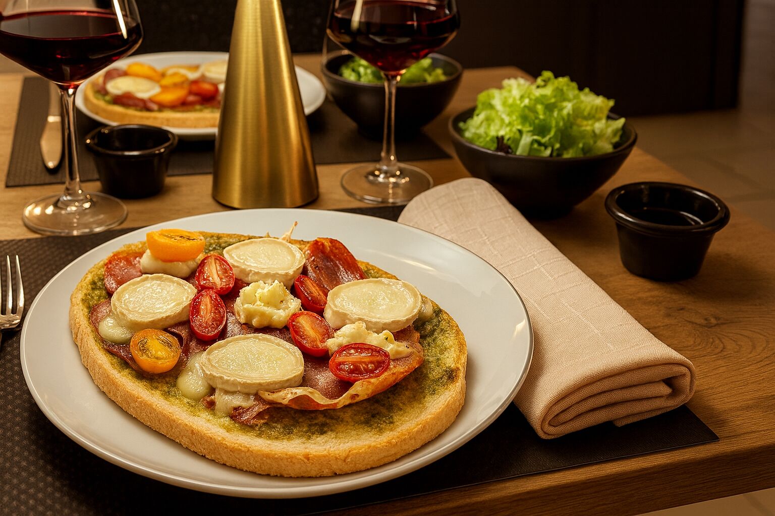 Un plato de comida con una variedad de ingredientes, como tomates, queso y tocino, acompañado de una copa de vino tinto y un bol de ensalada verde.