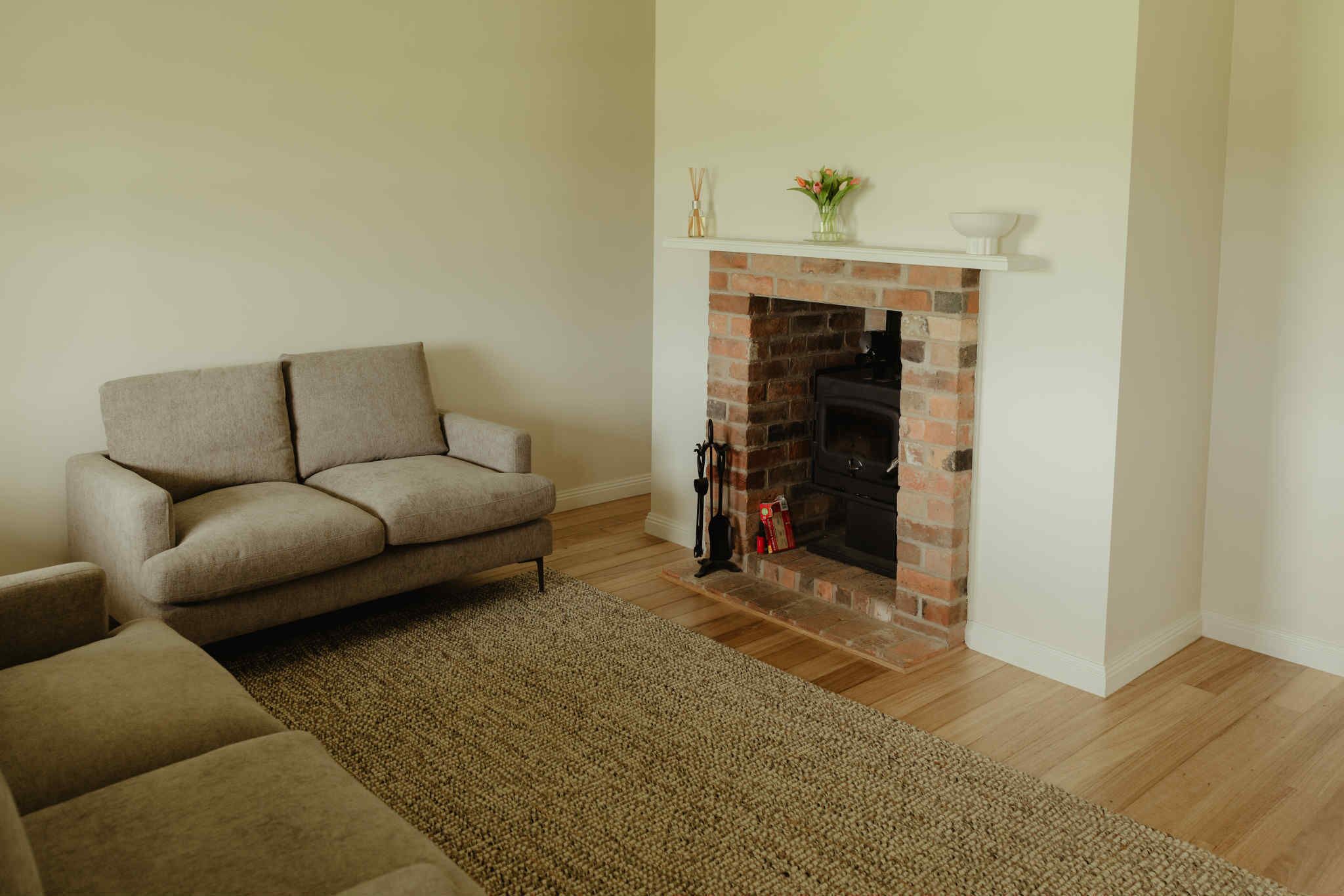 Smart TV, chimenea, libros y estéreo 