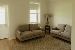 Smart TV, fireplace, books, stereo