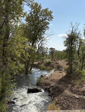 Un río serpentea por una zona boscosa, con una mesa de picnic y sillas a lo largo de la orilla.