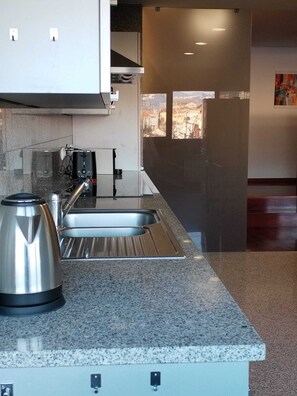 Eine moderne Küche mit einem Edelstahl-Wasserkocher, einer Kaffeemaschine und einem Spülbecken.