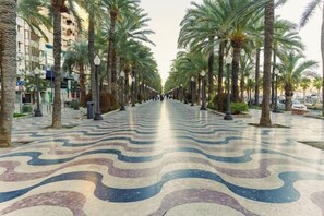 Un long sentier bordé d’arbres, avec un revêtement de sol à motifs.