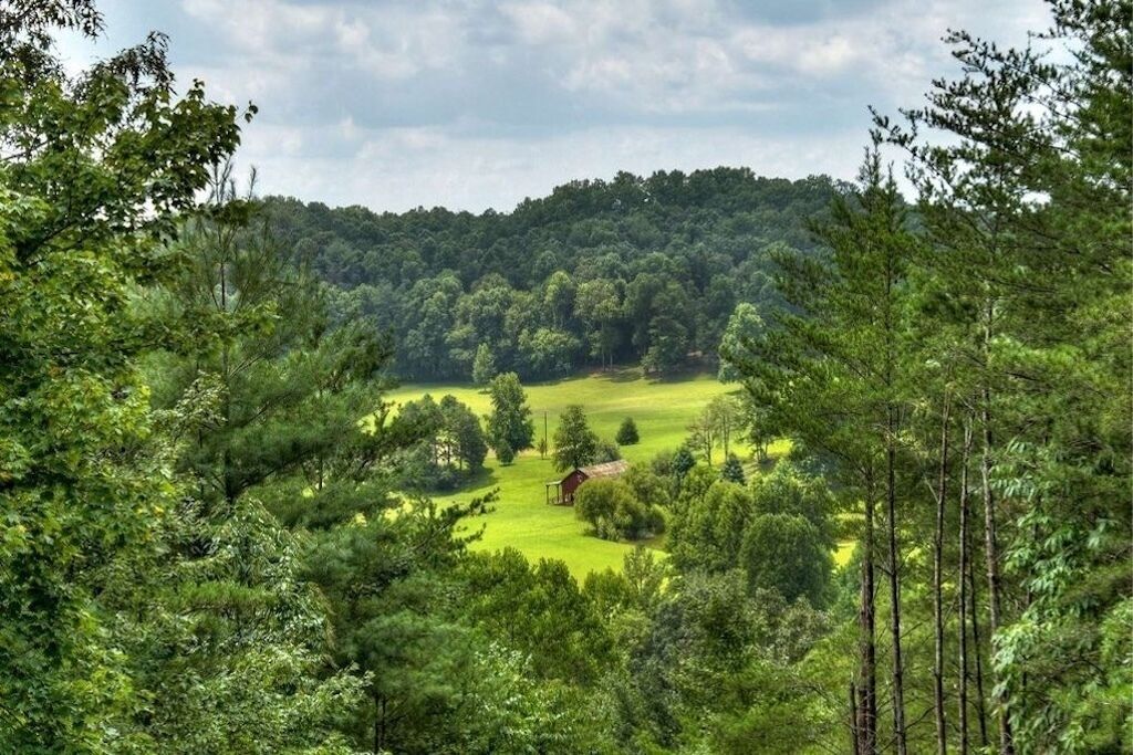 A rural landscape with a house surrounded by dense forest and rolling hills.