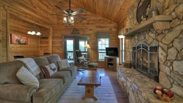 Smart TV, fireplace, books