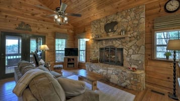 Smart TV, fireplace, books