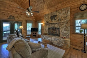 Smart TV, fireplace, books