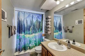 Secador de cabelo, toalhas de banho, sabonete, papel higiênico