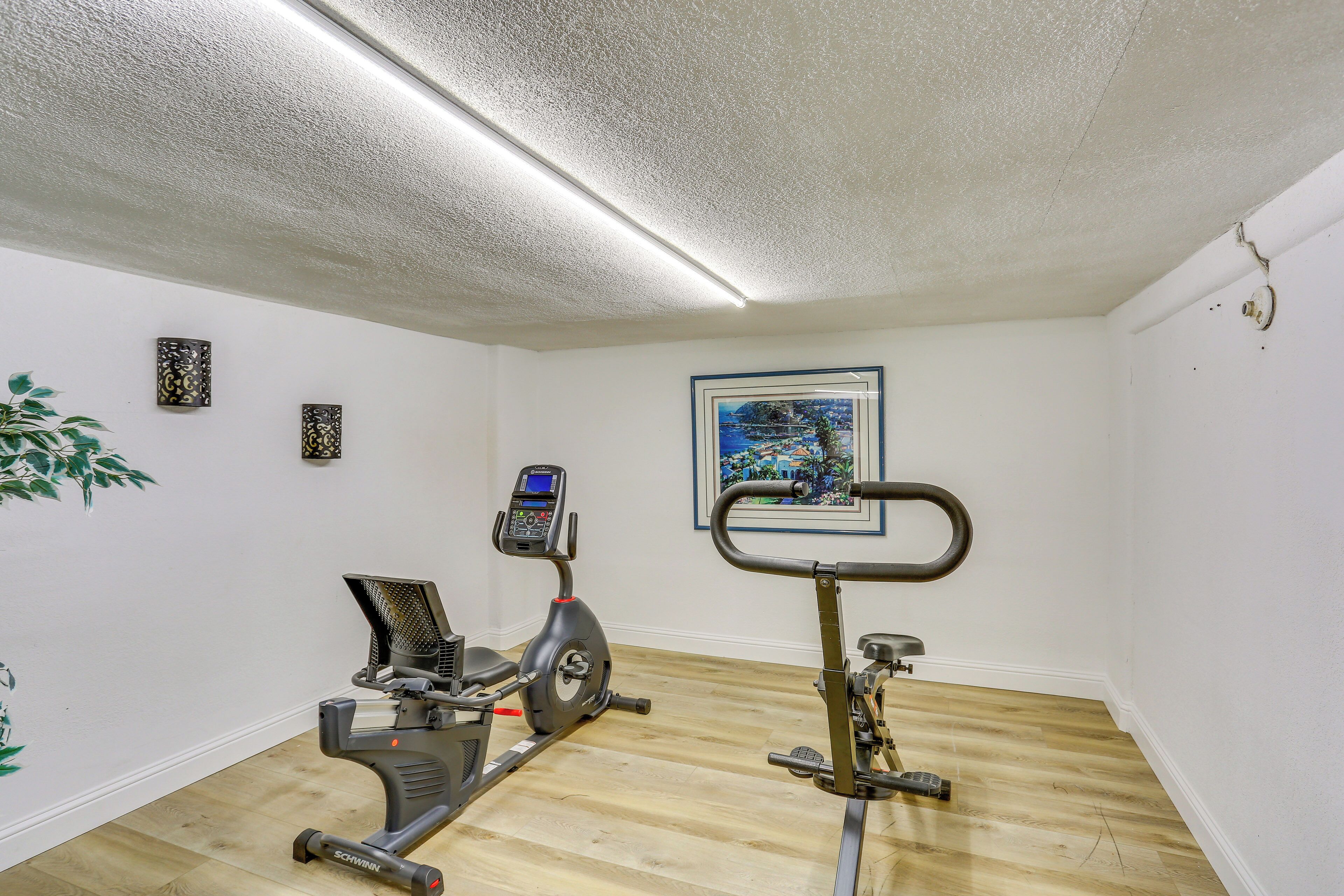 A room with two stationary bikes, a wall-mounted TV, and a framed picture.