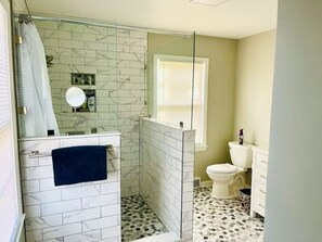 Hair dryer, towels, soap, toilet paper