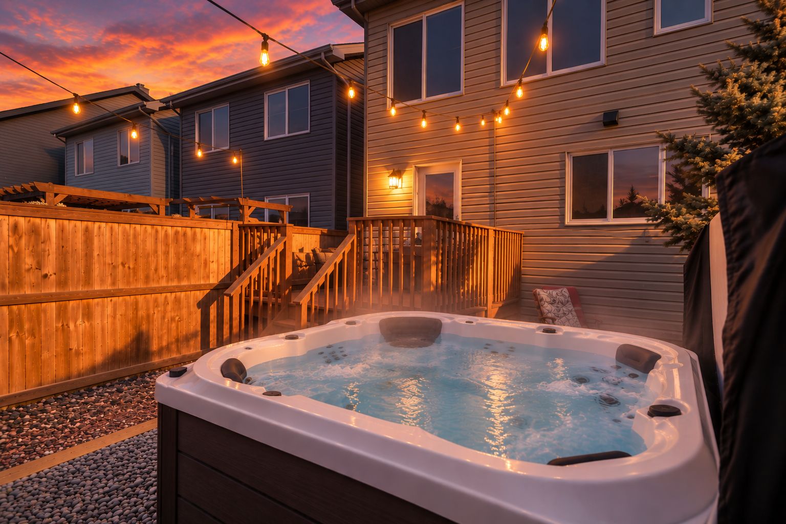 A hot tub in a backyard with a wooden deck and a house in the background.