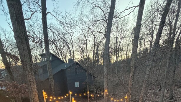 A backyard with a fire pit, outdoor seating, and string lights. - Red Fox Den-Year Round Retreat At Massanutten- Ski, Bike, Golf, Hike & Waterpark (McGaheysville)