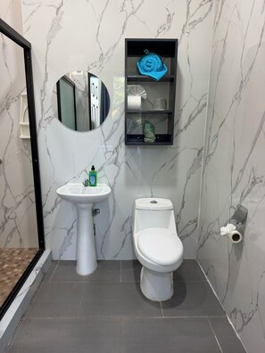 A bathroom with a white pedestal sink, a toilet, a mirror, and a shelf with toiletries. - Mi Tierra Surf City Hotel and Restaurant (La Libertad)
