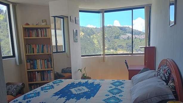 A bedroom with a large bed, a bookshelf, and a view of a mountainous landscape. - Beautiful, comfortable, strategically located near to everything in Quito (Quito)