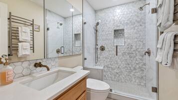 Hair dryer, towels, soap, shampoo