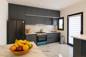 A modern kitchen with dark cabinets, a gas stove, and a bowl of fruit on the counter. - 2-bedroom apartment in delightful Dakar with fitness room, AC (Dakar)