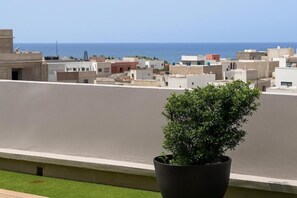 A rooftop with a potted plant, a view of the sea, and buildings in the background. - 2-bedroom apartment in delightful Dakar with fitness room, AC (Dakar)