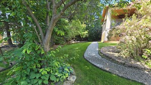 A landscaped garden with a curved gravel path, green grass, and various shrubs.