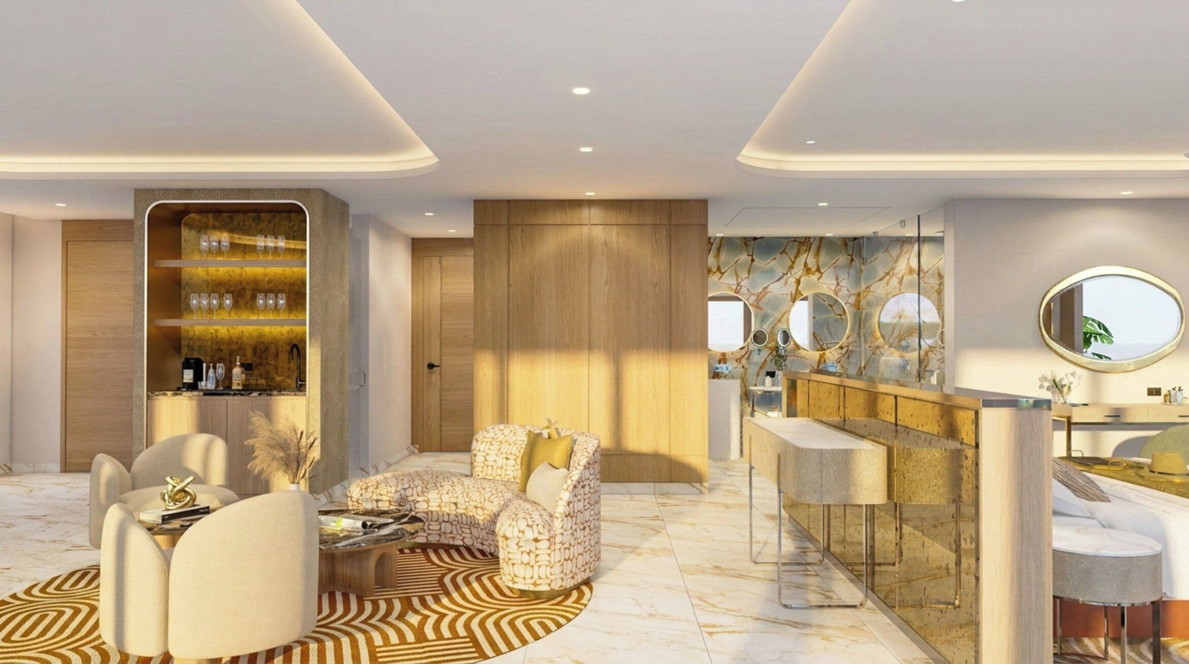 A modern interior with a bar area, seating, and a large mirror.