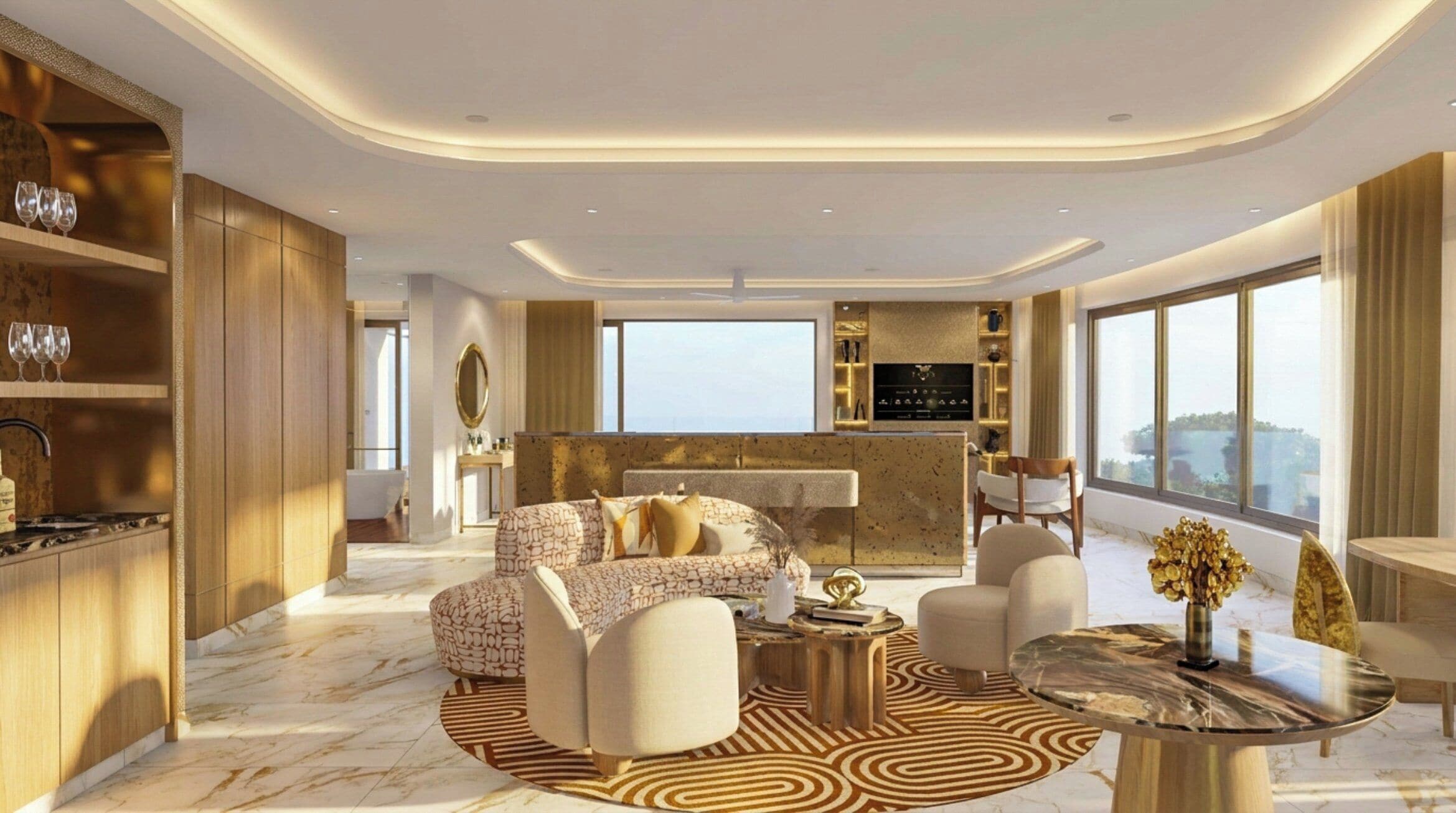 A modern living room with a sofa, coffee table, and chairs, a kitchen area, and large windows offering a view.