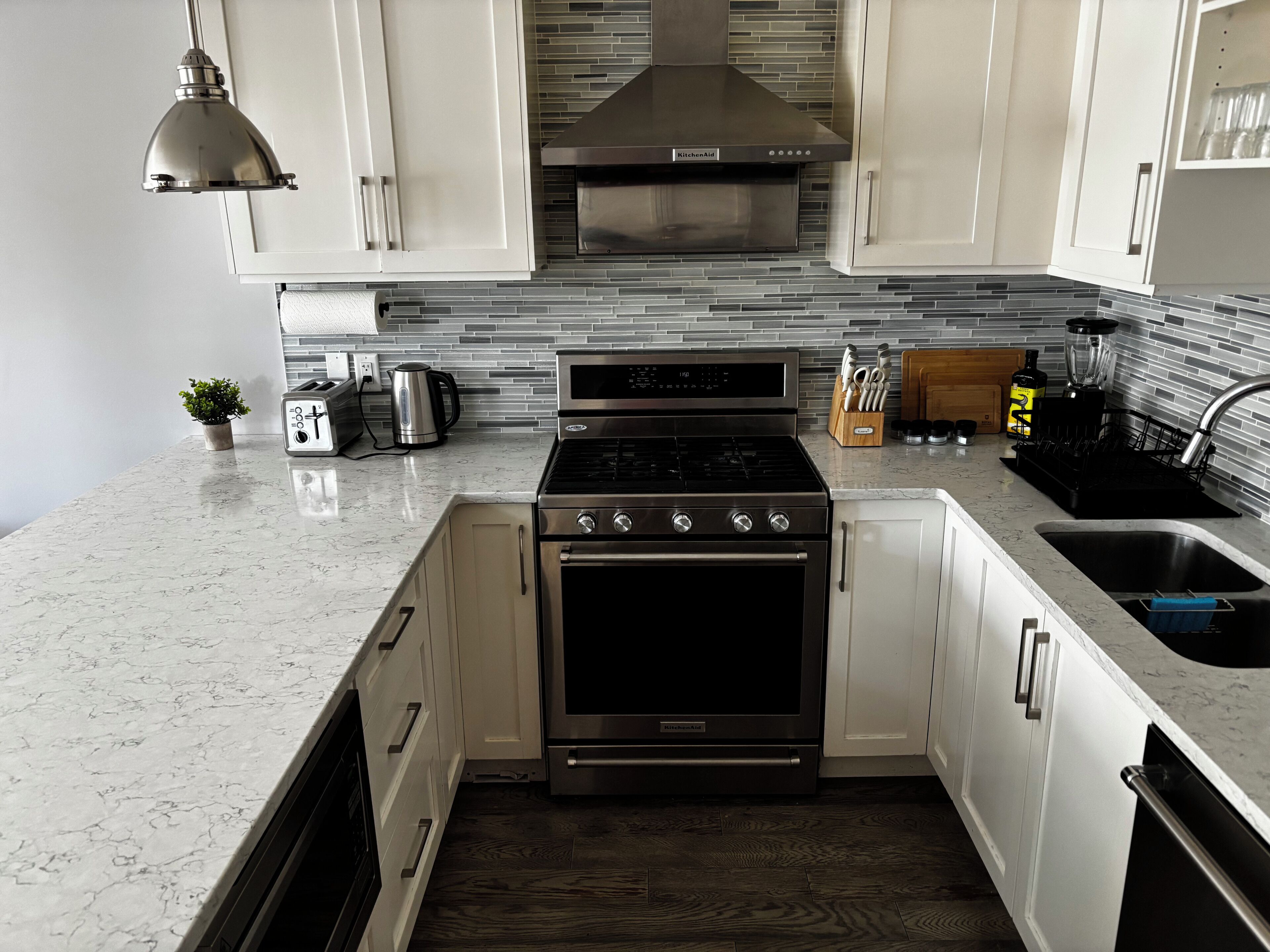 Fridge, microwave, cookware/dishes/utensils