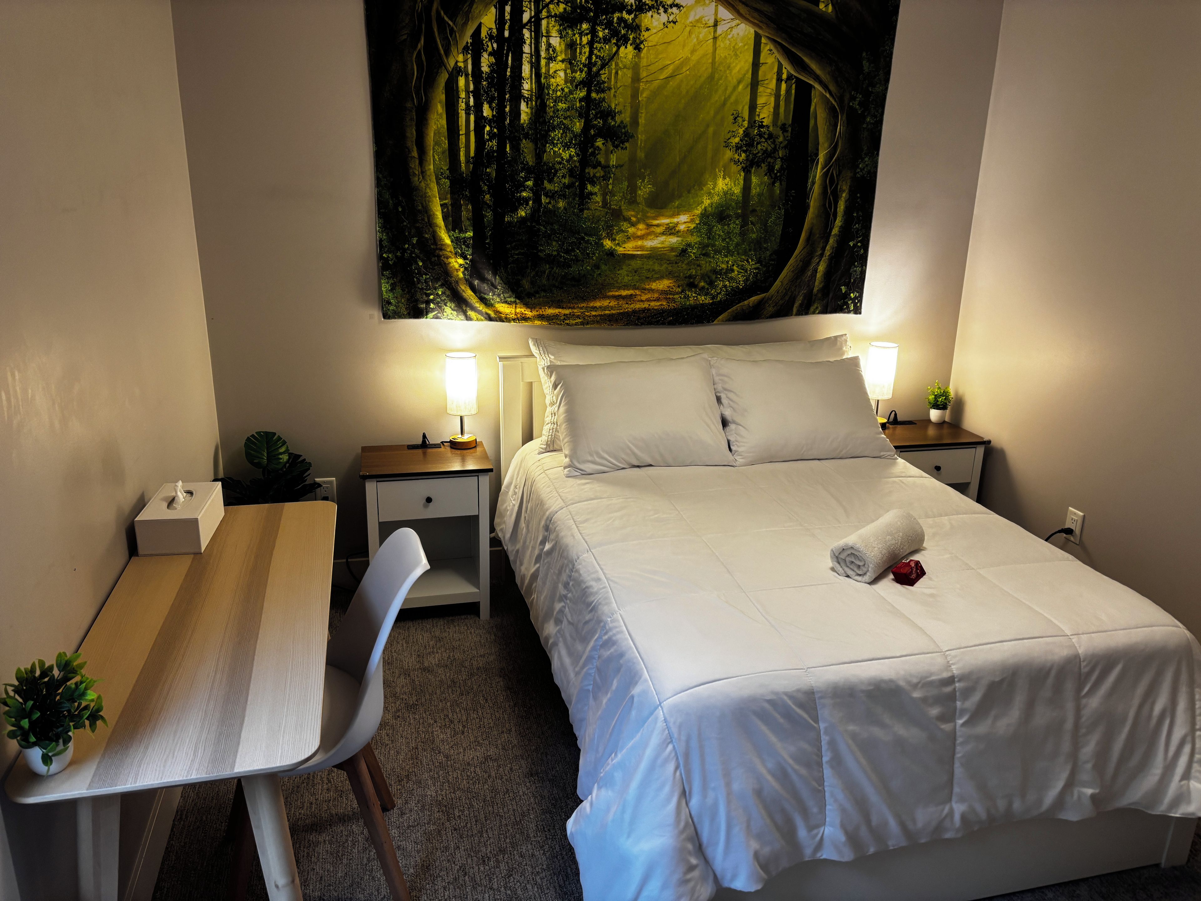 A hotel room with a bed, bedside tables, a desk, a chair, and a wall-mounted painting of a forest scene.