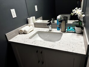 Une salle de bain avec un lavabo blanc, un distributeur de serviettes et du papier toilette.