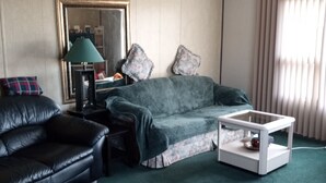 A living room with a dark leather sofa, a green armchair, a white coffee table, and a lamp.
