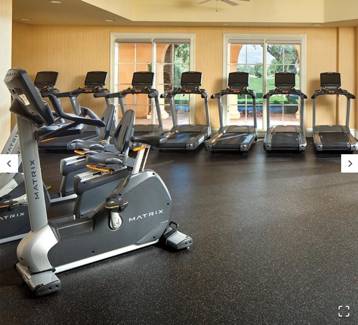 A gym with multiple treadmills and an elliptical machine, large windows with a view of greenery, and a ceiling fan.
