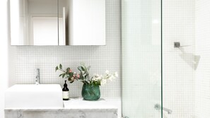 Shower, hair dryer, towels
