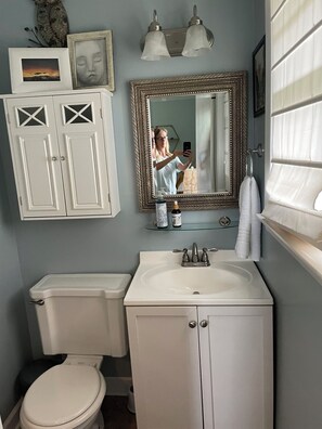 Une salle de bain avec des toilettes, un lavabo et un miroir. Deux tableaux encadrés ornent le mur, ainsi qu’un porte-serviettes et une fenêtre avec des stores.