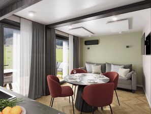 Dining - Discover the Stanzertal Cabin at Camping Arlberg, a modern and sustainable accommodation with views of the Alps. Comfort, nature, and style come together for an unforgettable holiday, perfect for any season. (Pettneu am Arlberg)