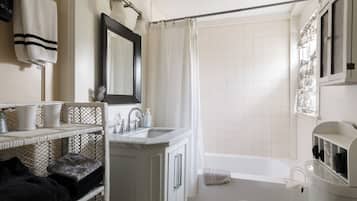 Hair dryer, towels, soap, toilet paper