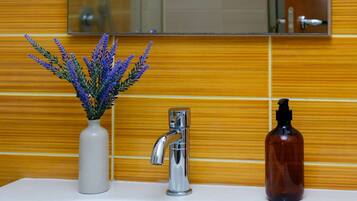 Shower, hair dryer, bidet, towels