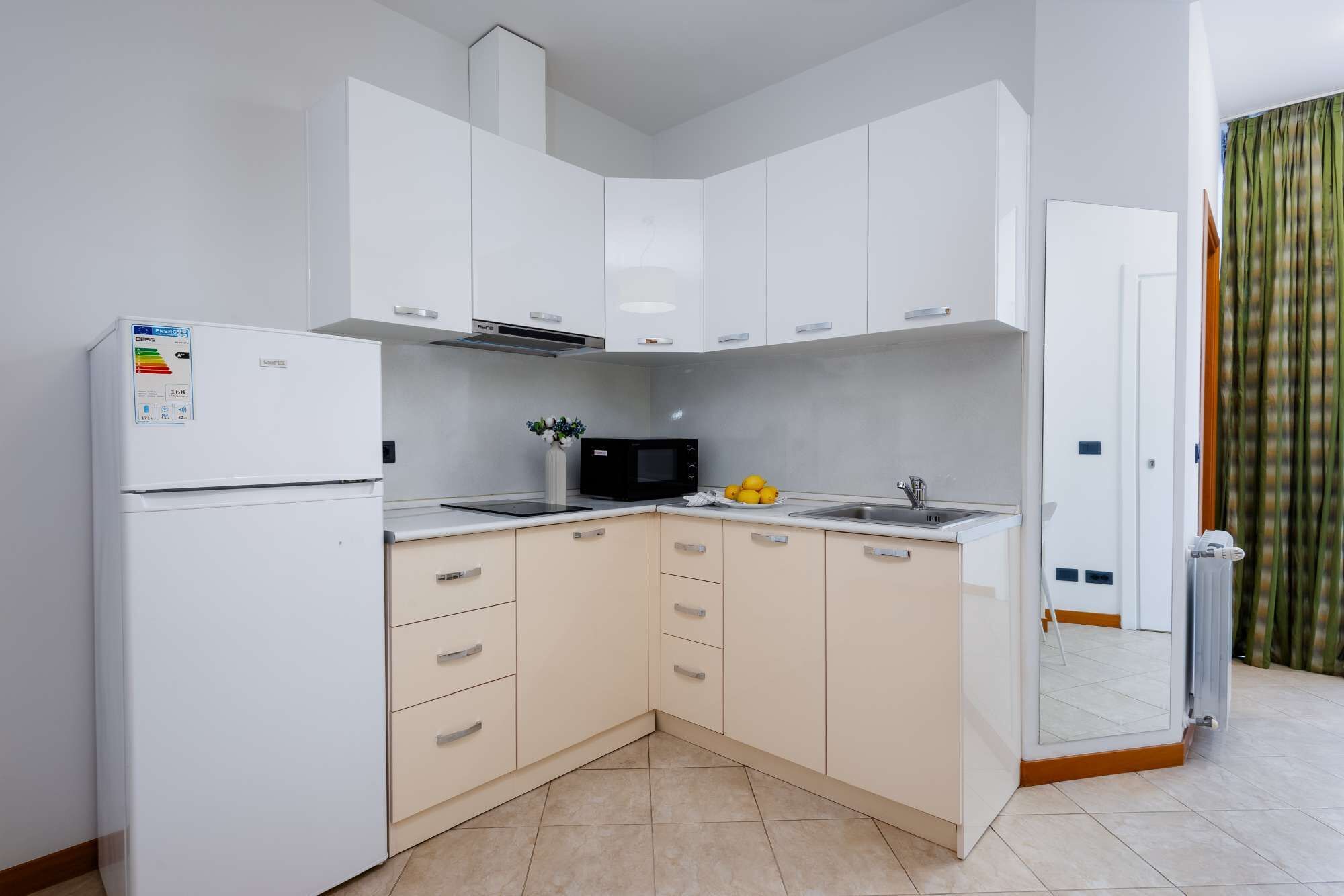 Fridge, microwave, stovetop, cookware/dishes/utensils