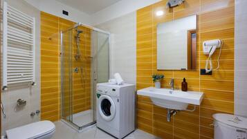 Shower, hair dryer, bidet, towels