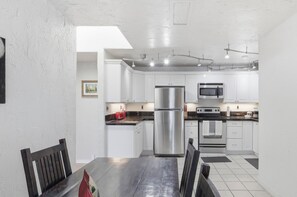 Een magnetron, een oven, een kookplaat, een vaatwasser