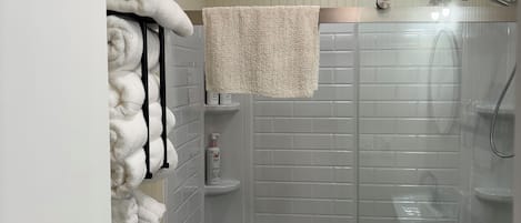 Shower, hair dryer, towels, soap