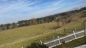 A rural landscape with a white picket fence, a red barn, and a grassy field.