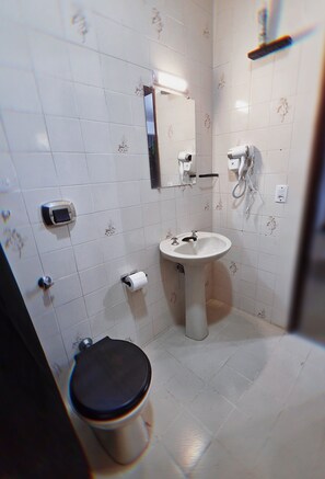 Shower, hair dryer, towels, toilet paper