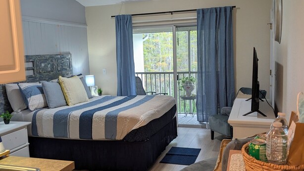 Une chambre à coucher comprenant un lit, un bureau, une chaise, un téléviseur, un balcon avec des rideaux et un ventilateur de plafond.