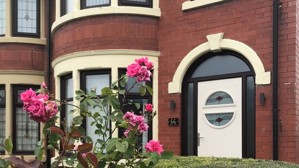 A two-story building with a white door and a black number plate reading "66". - Traditional Family Home, Driveway & Gardens -  Preston, Samlesbury, M6, M55,M61, (Preston)