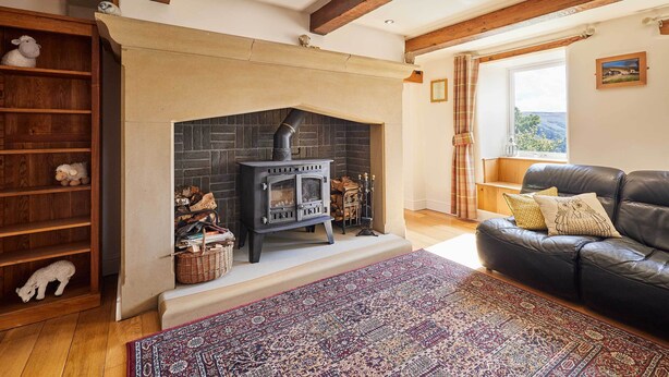 Una sala de estar acogedora con chimenea, un sofá de cuero y una alfombra estampada.