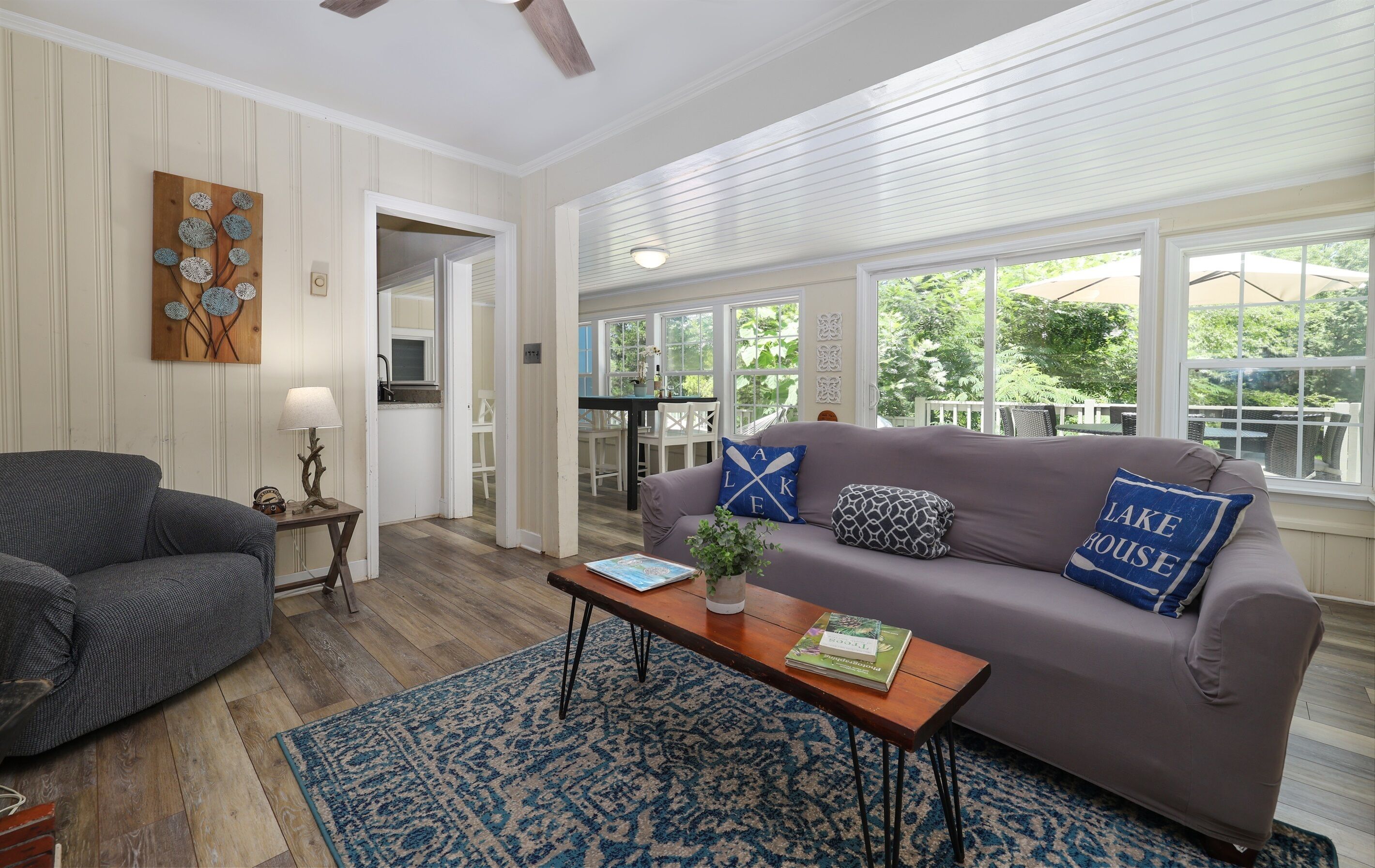 Smart TV, fireplace, books