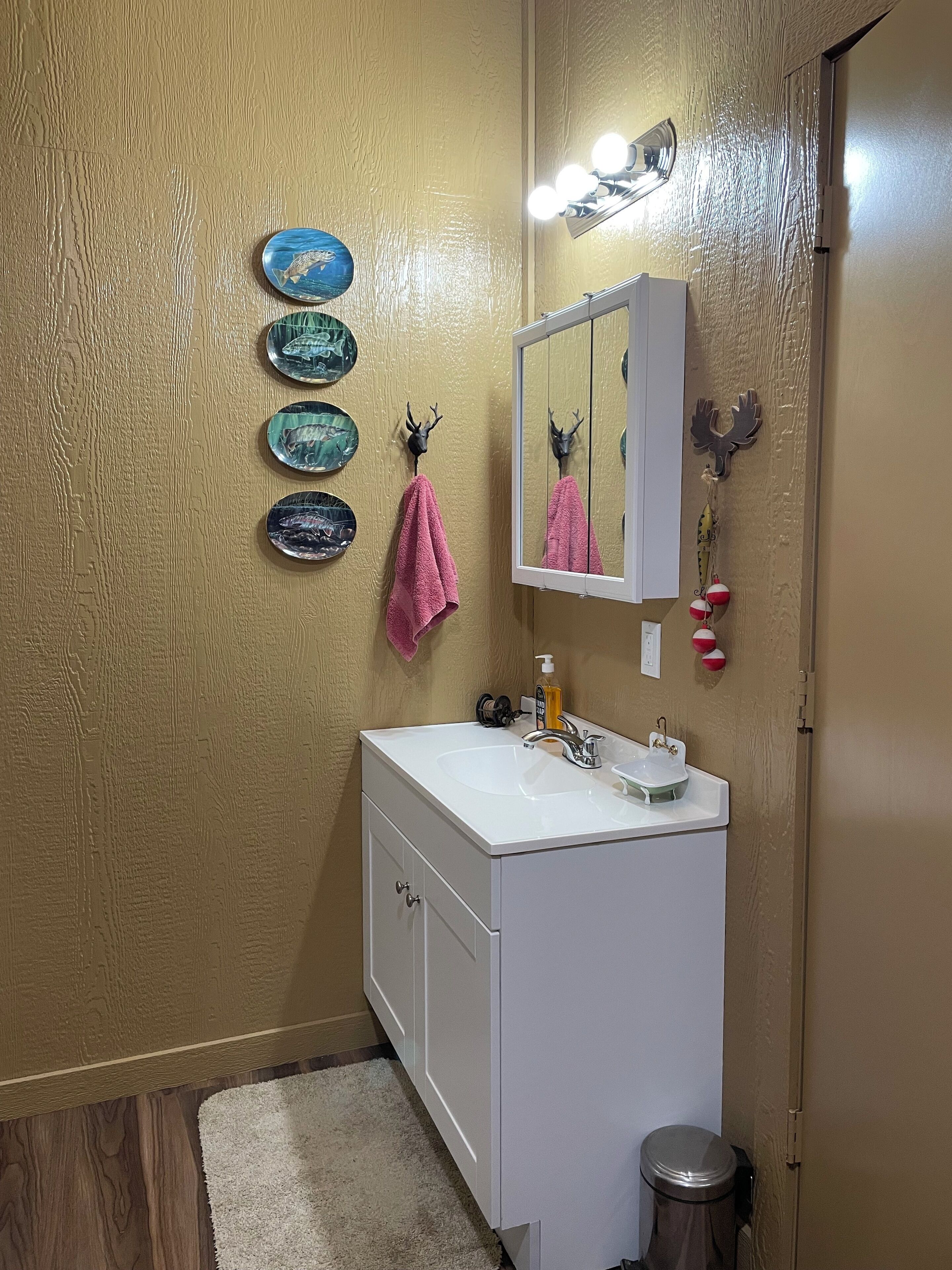 Hair dryer, towels, soap, toilet paper