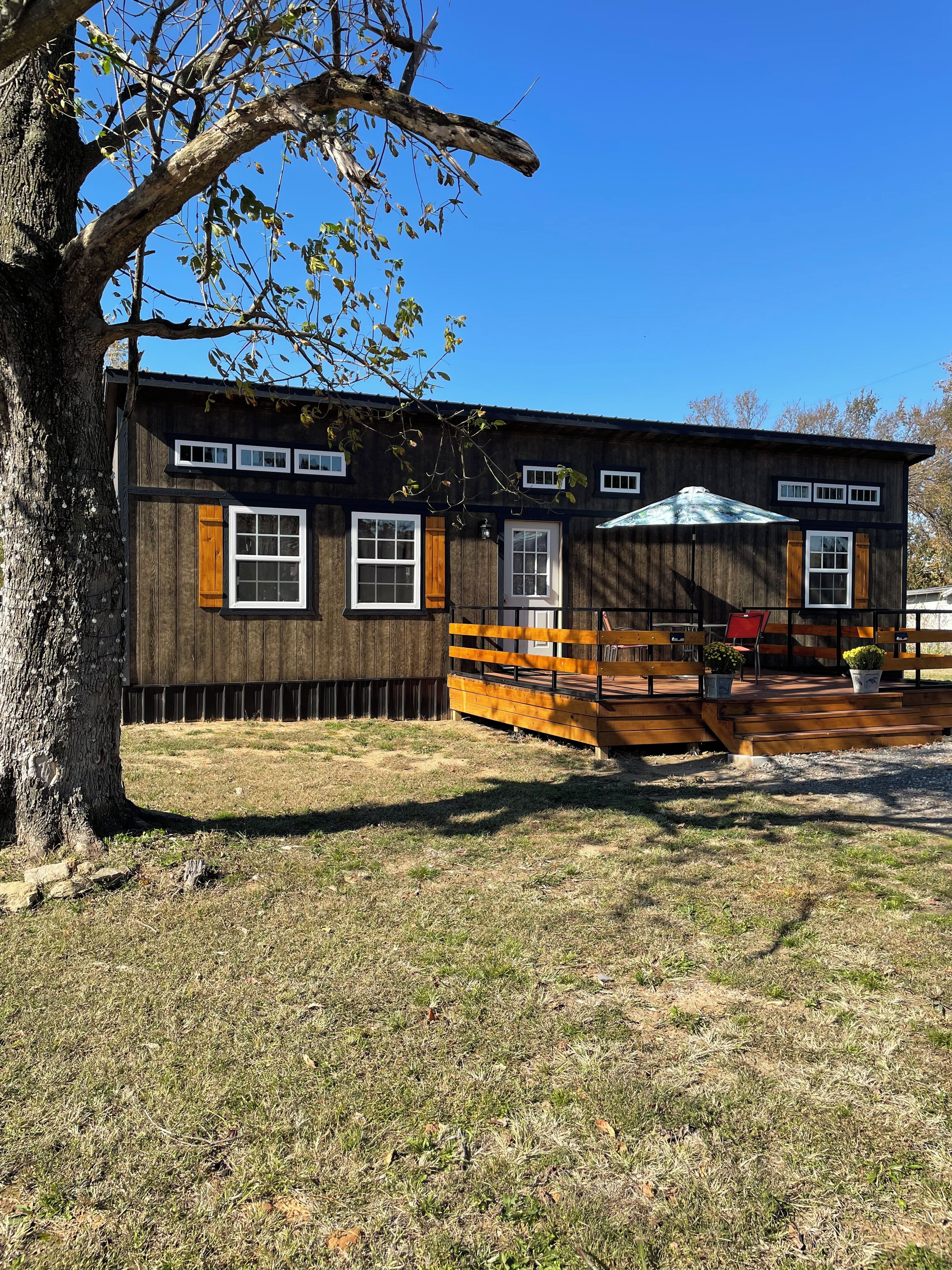 A wooden cabin with a porch, a fenced yard, and a large tree.