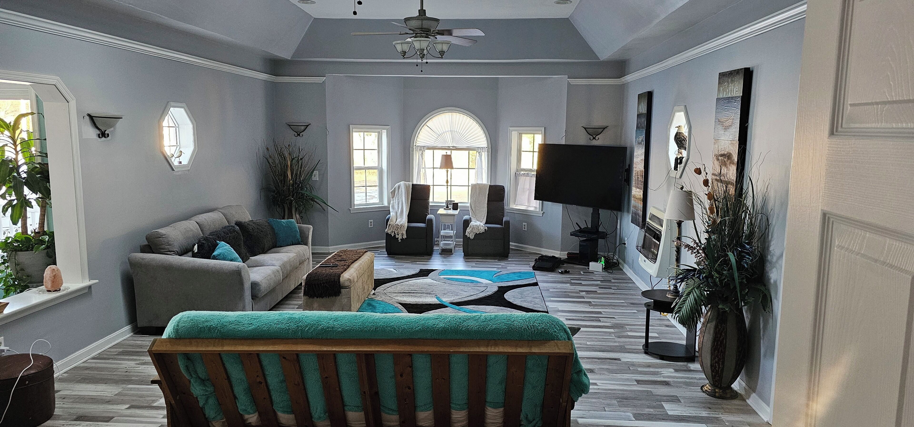 Smart TV, fireplace, books, stereo